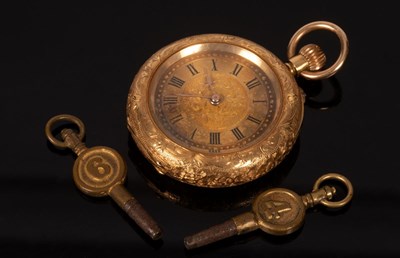 Lot 68 - A Swiss 18k gold cased open-faced pocket watch,...
