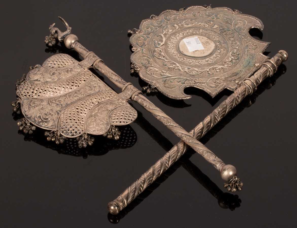 Lot 94 - Two Indian white metal ritual hand fans, one...