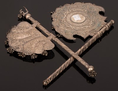 Lot 94 - Two Indian white metal ritual hand fans, one...
