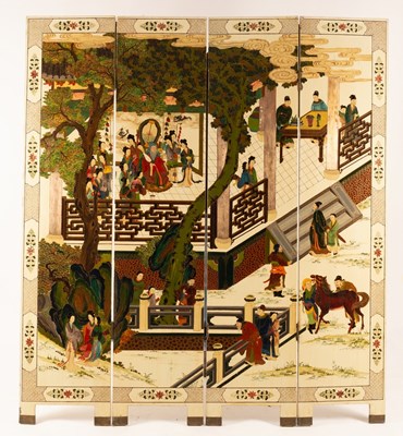 Lot 256 - A 20th Century four-panel, three-fold screen...