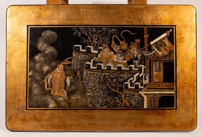 Lot 261 - Four Chinese black and gold lacquer panels...