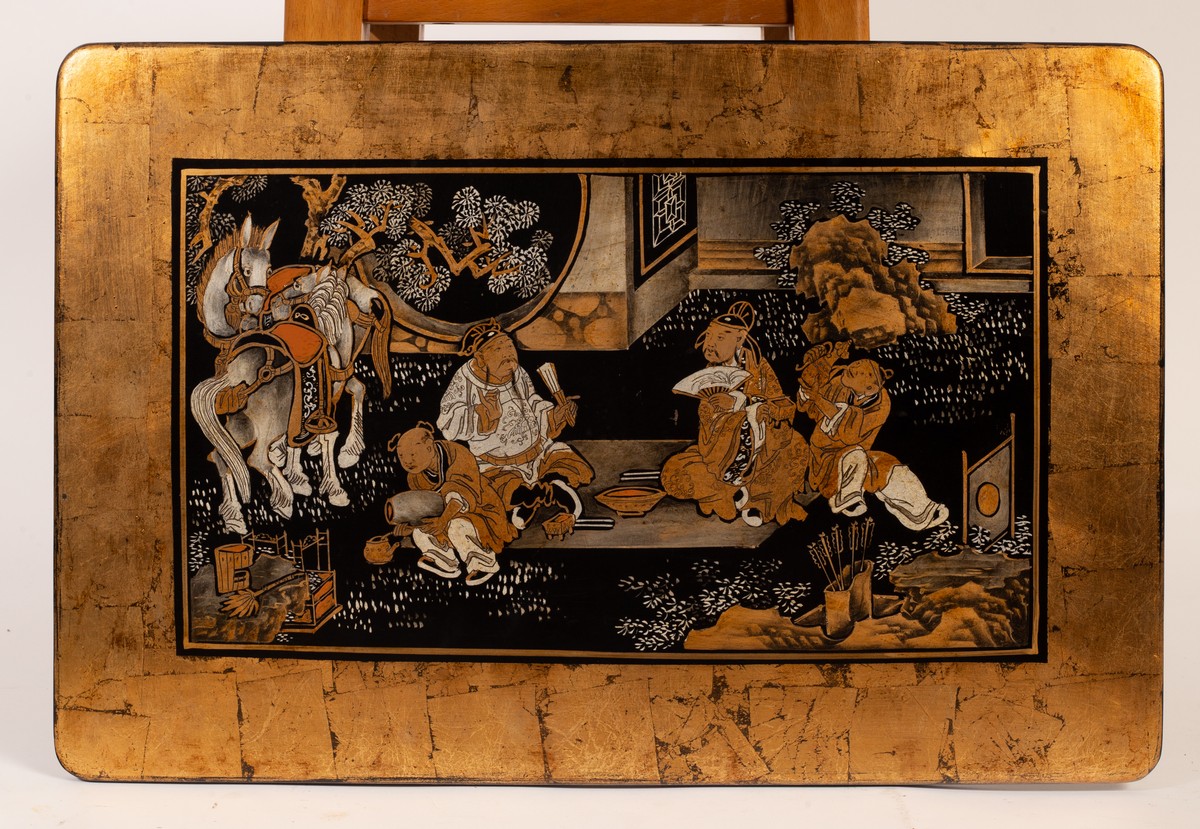 Lot 261 - Four Chinese black and gold lacquer panels