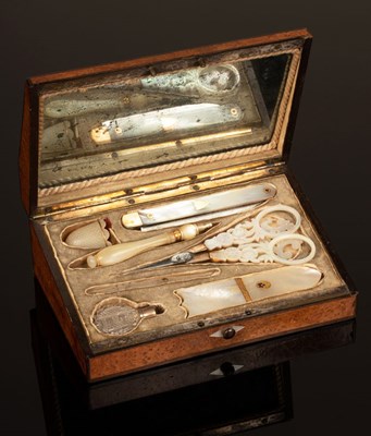 Lot 325 - A Palais Royal sewing set, cased in a burr yew...