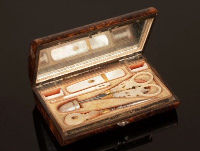 Lot 332 - A Palais Royal sewing kit, cased in a burr yew...