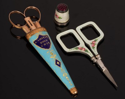 Lot 333 - A pair of guilloché enamel mounted scissors...