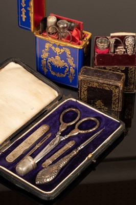 Lot 385 - A sewing case, the silver accessories, R & JZ,...