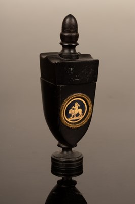 Lot 387 - An ebony thimble box of Classical urn-shape...