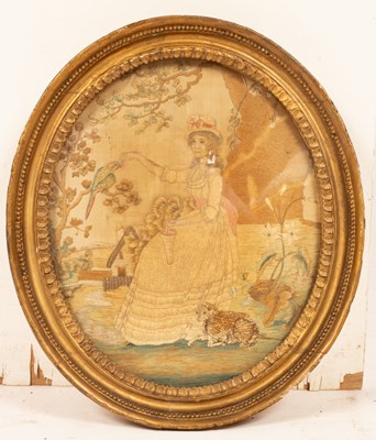 Lot 456 - A Georgian needlework picture, woman feeding a...