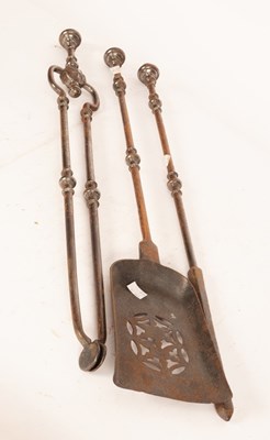 Lot 526 - A set of three burnished steel fire irons with...