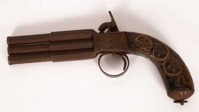 Lot 543 - A triple barrel percussion cap pistol with...