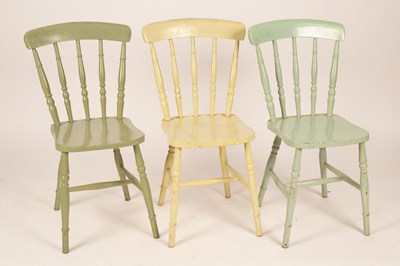 Lot 628 - Three stick back kitchen chairs and a pine...