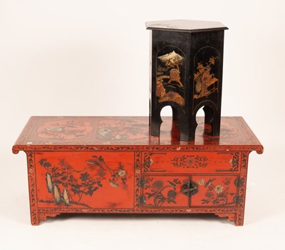 Lot 667 - An Indonesian red lacquer chest with incised...