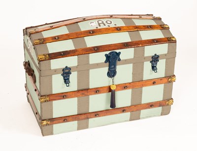 Lot 688 - A blue painted dome top cabin trunk, wooden...