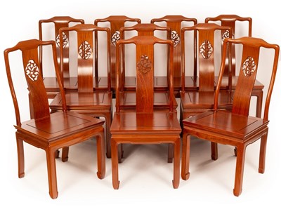 Lot 709 - A set of ten Chinese dining chairs, the splat...