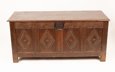 Lot 821 - A 17th Century oak chest, the moulded hinged...