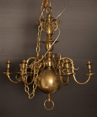 Lot 911 - A Dutch style six-branch brass chandelier,...