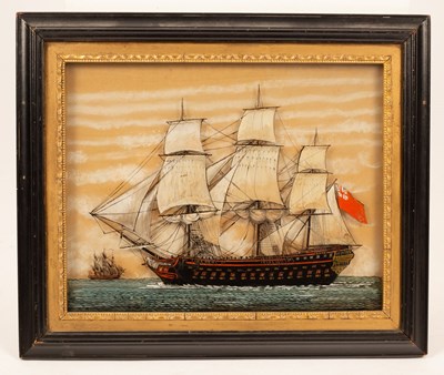 Lot 54 - A reverse glass painting of a three-master,...