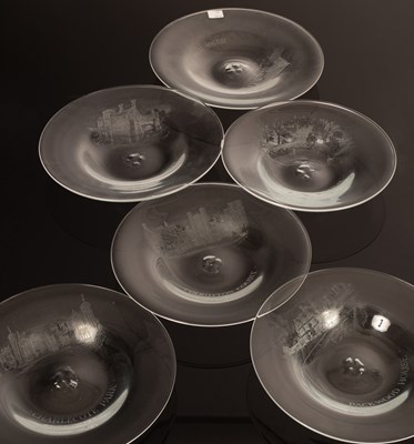 Lot 172 - Six circular glass dishes engraved with scenes...