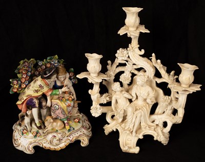 Lot 220 - A Meissen white porcelain figural candelabrum...