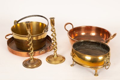 Lot 347 - Two copper preserving pans, a brass example, a...