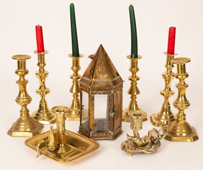 Lot 350 - Three pairs of baluster brass candlesticks,...