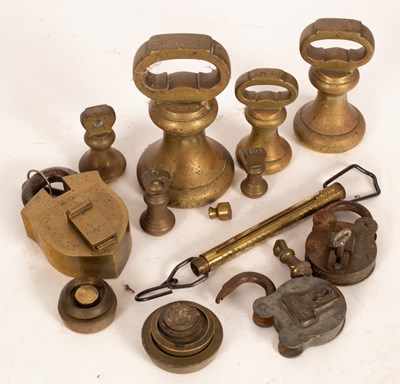 Lot 368 - A collection of brass pillar weights, padlocks...