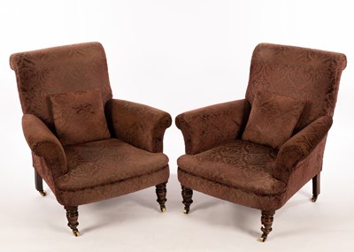 Lot 822 - A pair of Edwardian upholstered armchairs with...