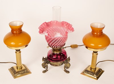 Lot 882 - A Victorian opaque pink glass oil lamp with...