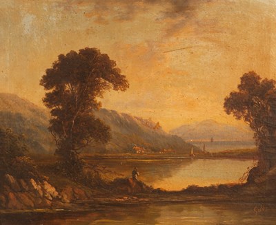 Lot 1013 - Gibbs/River Landscape/with fisherman beneath...