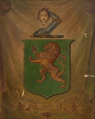 Lot 1040 - A 19th Century painted Coat of Arms, a severed...