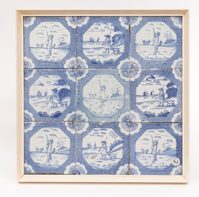 Lot 70 - A frame of nine English Delftware tiles, circa...