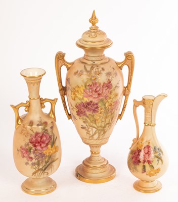 Lot 474 - Two Royal Worcester blush ivory vases and a...