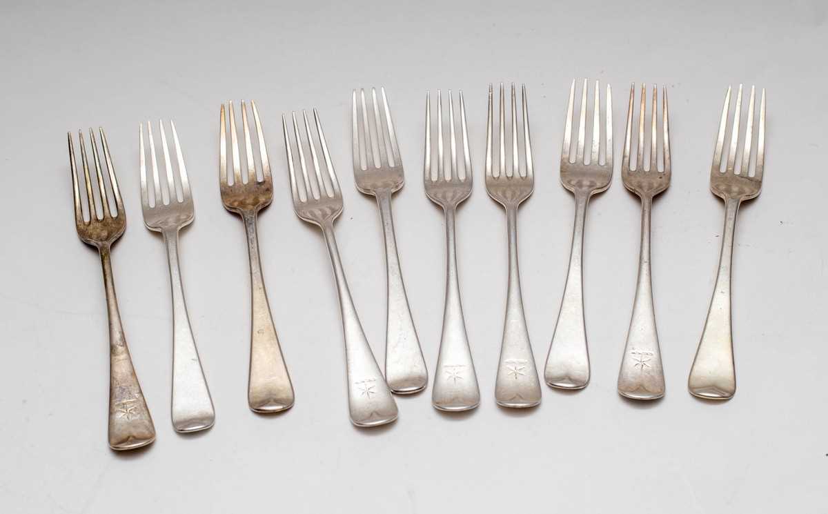 Lot 21 - Set of five silver forks, William Hutton &...