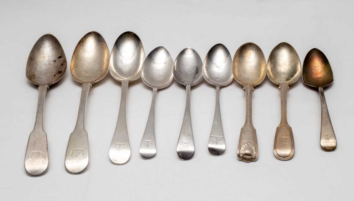 Lot 23 - Nine silver spoons, various makers and dates,...
