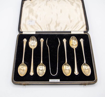 Lot 79 - Six silver coffee spoons and matching tongs,...