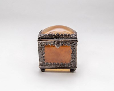 Lot 159 - An agate and white metal mounted box, domed...