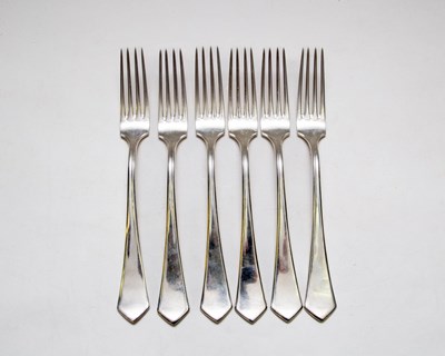 Lot 170 - A set of six Danish silver forks, Peter...