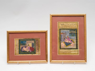 Lot 382 - Two Indian erotic paintings, both in floral...