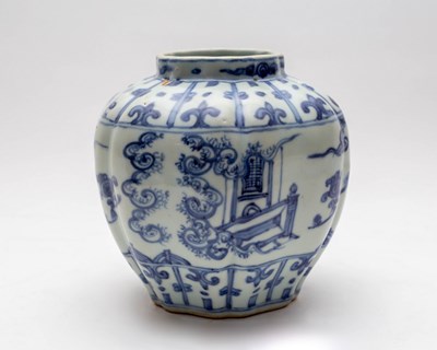 Lot 384 - A Chinese blue and white ridged porcelain jar,...