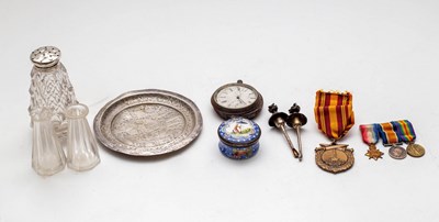 Lot 411 - A Bilston enamel box, three miniature medals,...