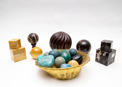 Lot 420 - A collection of hardstone geometric balls and...