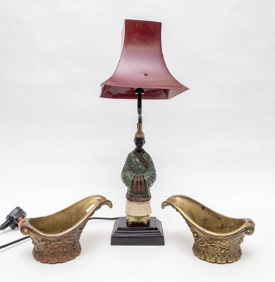 Lot 427 - Two gilt metal jug mounts and an Asian lamp,...