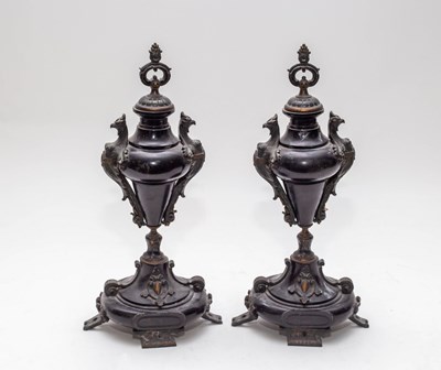 Lot 442 - A pair black marble garniture urns, 19th...