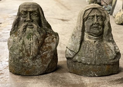 Lot 658 - A pair of sandstone busts of a woman and man,...