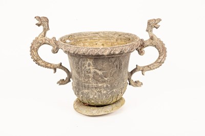 Lot 412 - A two-handled lead garden urn, 43cm x 60cm x 34cm