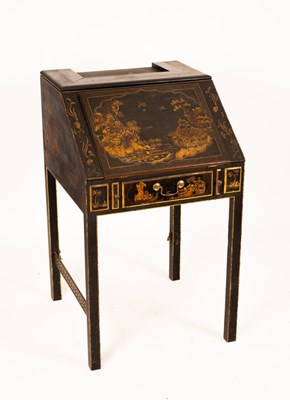 Lot 439 - A black and gold japanned bureau, lacking...