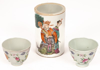 Lot 54 - A Chinese polychrome porcelain brush pot,...