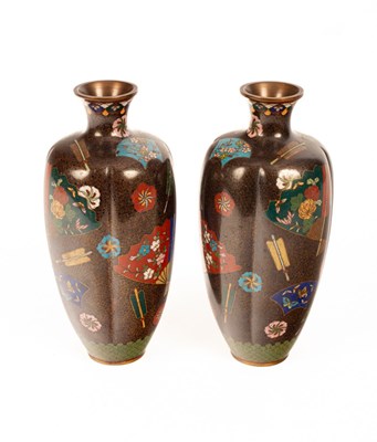 Lot 70 - Pair Japanese cloisonne vases, brown ground...