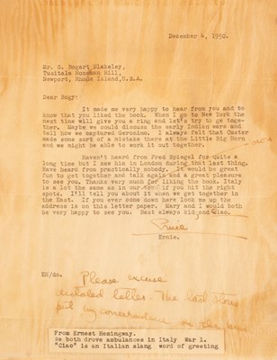 Lot 487 - Hemingway (Ernest) Autograph Letter signed...