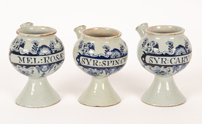 Lot 521 - Three Delftware blue and white wet drug jars,...